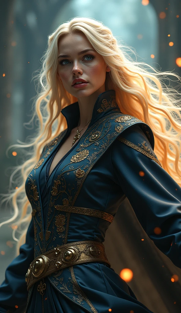 Golden hair crown on golden head black skirt blue witch shirt black witch boots