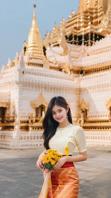 Beautiful and elegant, young Burmese woman, 20 years old, smiling face, happy eyes, pleasant smile, curvy body, not short, not tall, beautiful Burmese dress, long hair, fair skin, high hips, world record-breaking Pagoda pagodas as a natural background, highest clear resolution 16k award-winning Myanmar natural Pagoda view 3d HD HD