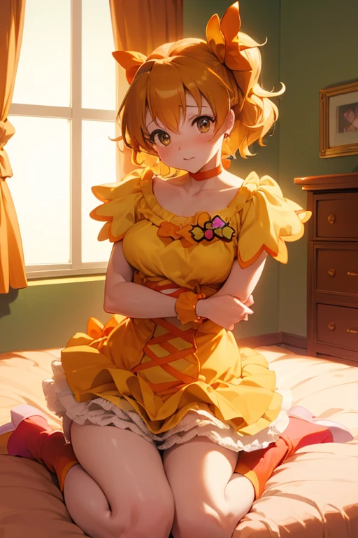 nsfw,  Masterpiece  , top quality,  in high resolution,  very detailed,Cure Pine \(  Pretty Cure\),  One side up 、  shorthair、  hair bow、frills、Short sleeve、 wrist cuffs、   orange choker 、 orange boots 、 yellow skirt ,( embarrassing:1.5),, shy,(  Love Hotel :1.5),( bedroom:1.5)