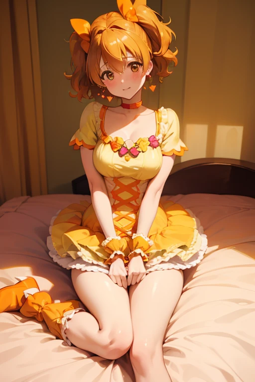 nsfw,  Masterpiece  , top quality,  in high resolution,  very detailed,Cure Pine \(  Pretty Cure\),  One side up 、  shorthair、  hair bow、frills、Short sleeve、 wrist cuffs、   orange choker 、 orange boots 、 yellow skirt ,( embarrassing:1.5),, shy,(  Love Hotel :1.5),( bedroom:1.5)