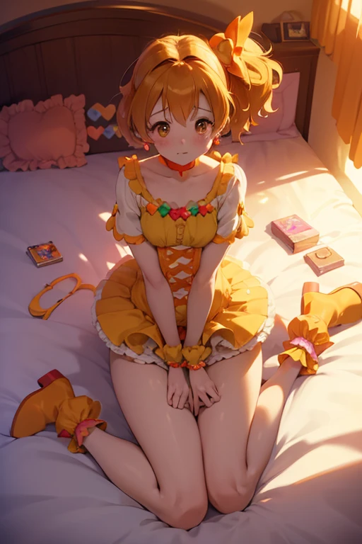 nsfw,  Masterpiece  , top quality,  in high resolution,  very detailed,Cure Pine \(  Pretty Cure\),  One side up 、  shorthair、  hair bow、frills、Short sleeve、 wrist cuffs、   orange choker 、 orange boots 、 yellow skirt ,( embarrassing:1.5),, shy,(  Love Hotel :1.5),( bedroom:1.5)