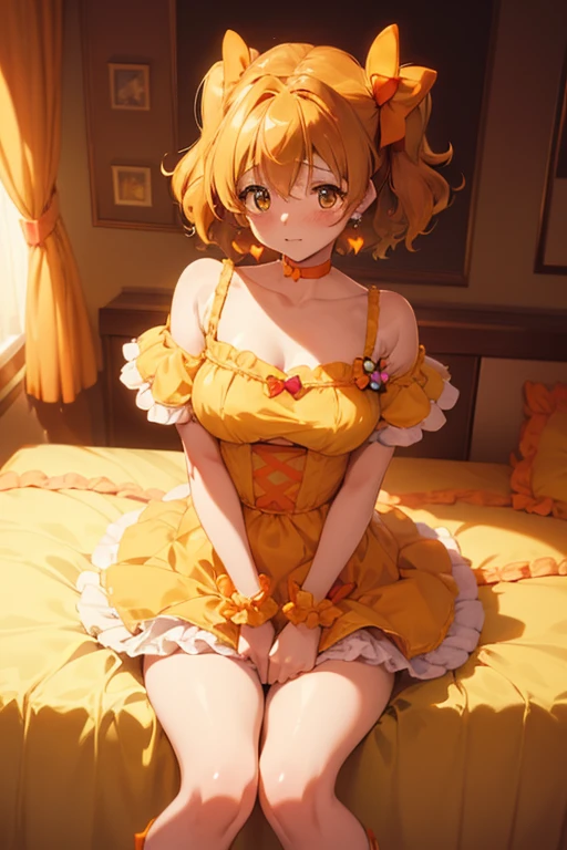 nsfw,  Masterpiece  , top quality,  in high resolution,  very detailed,Cure Pine \(  Pretty Cure\),  One side up 、  shorthair、  hair bow、frills、Short sleeve、 wrist cuffs、   orange choker 、 orange boots 、 yellow skirt ,( embarrassing:1.5),, shy,(  Love Hotel :1.5),( bedroom:1.5)