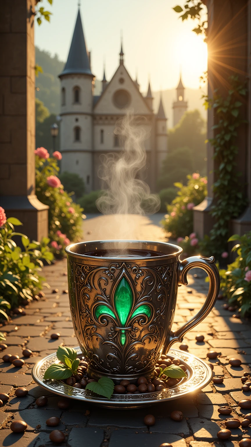 Realistic illustration for advertising ,  1 very small and very short and very short coffee mug made of polished real silver, The coffee mug is very bright silver ,  in the center of the coffee mug, engraved with a three-dimensional lily motif, decorated with green emeralds. Glow , . The area around the lily pattern is a medieval Gothic art motif embellished with glowing green emeralds., . Inside the coffee mug there is a glossy black hot Americano coffee cup. ,  There is coffee smoke billowing out of the coffee mug elegantly but still looking natural. ,  The view of the image clearly shows the hot Americano coffee water inside the coffee cup , The coffee cup holder ear is on the right hand ,  The coffee mug is placed on a coffee coaster made of polished real silver ,  the coffee saucer is very bright silver. ,  coffee coasters engraved with medieval Gothic art motifs , . The area around the coffee cup contains complete coffee beans of the same size, placed together naturally inside the coffee saucer.,  features a small ivy branch lying on a natural coffee saucer. ,  The area around the coffee saucer contains complete coffee beans of the same size in large numbers, placed together naturally on the street floor.,  Coffee cups and coffee coasters perched on paved roads. A medieval pebble stone in the bottom center position of the image ,  The medieval gravel-paved road is a path connected from the central position of the , The backdrop is Hohenzollern Castle, located on a high mountain , On the left and right are pieces of architecture among trees and brightly colored flowers that clearly represent the Middle Ages.,  On the left and right are red-gold flags presenting the family banner through the Fleur-De-Lis motif hanging.,  Details of the architecture behind can be seen in detail and clearly through the view seen from the front. , in the sky there is a cloud and a large bright, bright noon sun., The midday sun splashes bright lights over every corner of the image. ,  The overall atmosphere of the picture is bright noon time, 