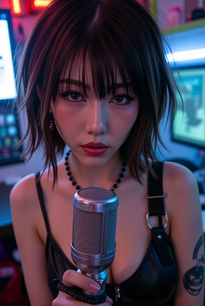  top quality, High quality 8k,  beautiful Japanese woman ,   Breathtakingly Beautiful Photos , Earrings:1.5,  Messy Damp Brown Hair  ,  Staring Sharp at the Viewer ,  very gorgeous punk girl singer holding a , A pose that emphasizes the clevis,  retro microphone in her cyberpunk studio:1.331,  light brown hair  :1.331,  Unkempt Bob Cut Hair ,   Brown Eyes  , Heavy makeup,   gal makeup, Landmine Girl, Dark style,  Black Leather Camisole ,  big black earrings , Black pearl necklace, Attractive look , In a cyberpunk studio, Extremely Cool Lighting , Perfect composition , Proper placement, Golden Ratio,