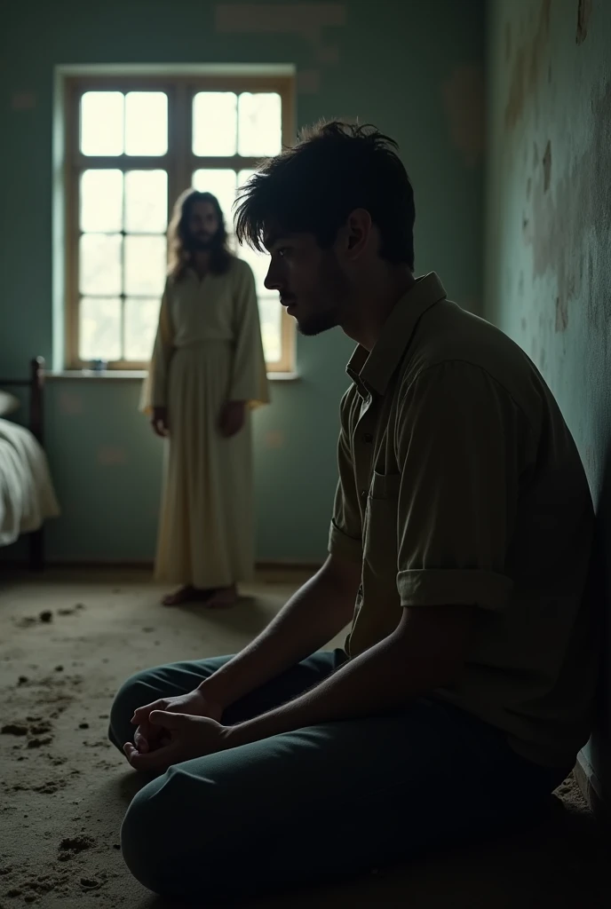 A sad and rough looking young man sits alone in profile in a poor and a bit destroyed bedroom. Jesus is behind him standing and looking at the man. The overall mood is a low lit environment, dark and moody.