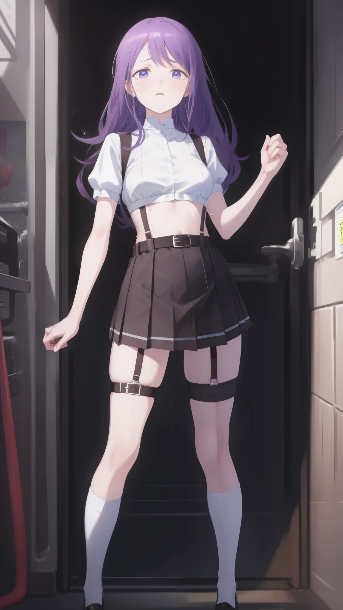 knee-high socks、Light purple hair、 semi-long hair、 pale purple eyes 、 Knee Socks 、 , super high resolution, Soft breasts Pink bra showing through small face Look up sweat Thin belt buzzer 脇sweat garter belt ズボンのbelt run your hands around your back Look up Anxious expression Knee-length Knee Socks Knee-lengthソックス garter plaid mini skirt punch Skirt gap Armament run your hands around your back Anxious expression Anxious expression, widens legs Armament leg holster see-through clothing ,Soft breasts garterbelt suspenders 太ももにgarter plaid mini skirt Look up stop temporarily belt 脇sweat panties visible、