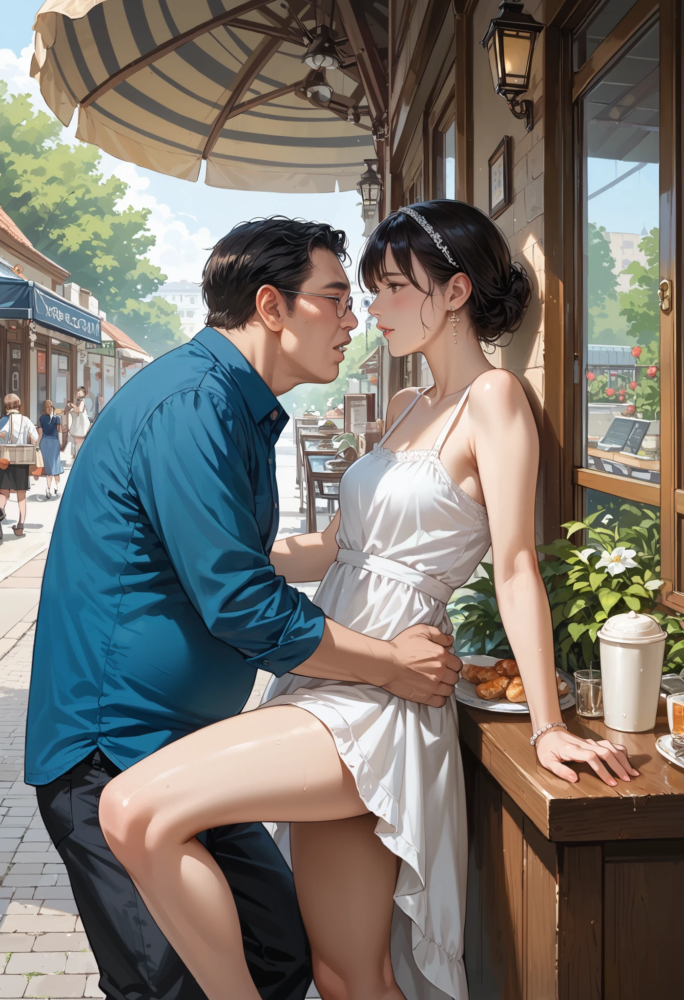 score_9,score_8_up,score_7_up, source_anime, (rating_safe), masterpiece, best quality, amazing quality, high resolution picture, intricate details, extremely detailed, (couple, standing missionary sex position), BREAK, 1girl, sundress, standing with one knee up, BREAK, 1boy, a fat old man clothed, BREAK, profile, outdoors, open cafe, terrace seats,