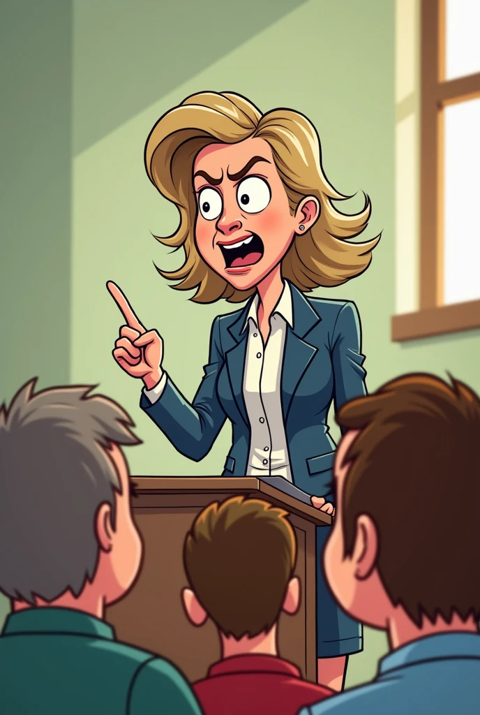Clover, totally spies, blonde hair, medium hair, blue eyes, skinny, news reporter, gray coat, white shirt, half-closed eyes, holding papers, front view, crystal table, two penises at face, fat man, foreskin, reading news, looking at viewer, shy