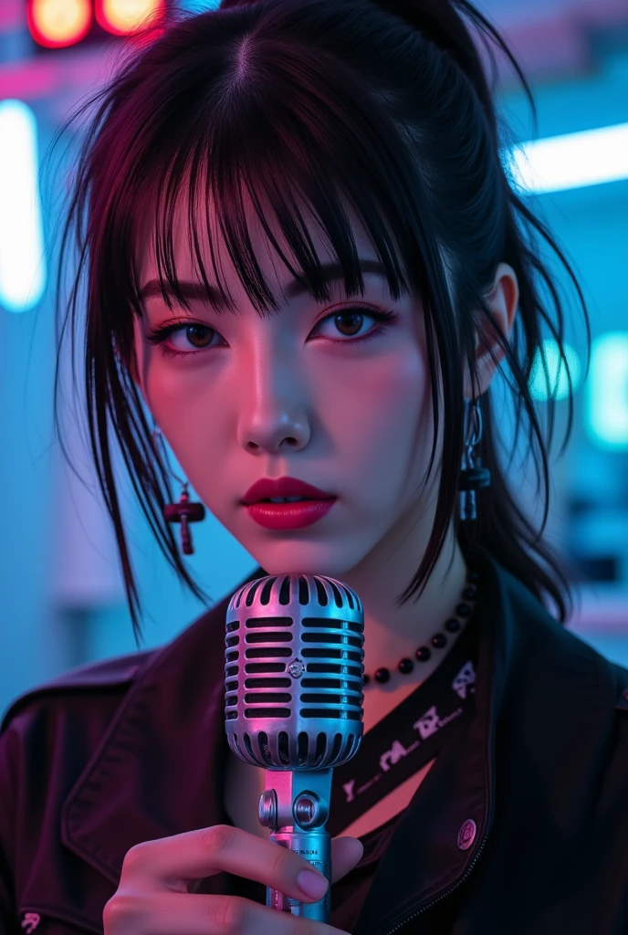  top quality, High quality 8k,  beautiful Japanese woman ,   Breathtakingly Beautiful Photos , Earrings:1.5,  Messy Damp Brown Hair  ,  Staring Sharp at the Viewer , Hold a box-shaped retro microphone in your hand, A pose that emphasizes the clevis,  retro microphone in her cyberpunk studio:1.331,  light brown hair  :1.331,  Unkempt Bob Cut Hair ,   Brown Eyes  , Heavy makeup,   gal makeup, Landmine Girl, Dark style,  Black Leather Camisole ,  big black earrings , Black pearl necklace, Attractive look , In a cyberpunk studio, Extremely Cool Lighting , Perfect composition , Proper placement, Golden Ratio,