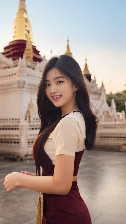 Beautiful and elegant, young Burmese woman, 20 years old, smiling face, happy eyes, pleasant smile, curvy body, not short, not tall, beautiful Burmese dress, long hair, fair skin, high hips, world record-breaking Pagoda pagodas as a natural background, highest clear resolution 16k award-winning Myanmar natural Pagoda view 3d HD HD