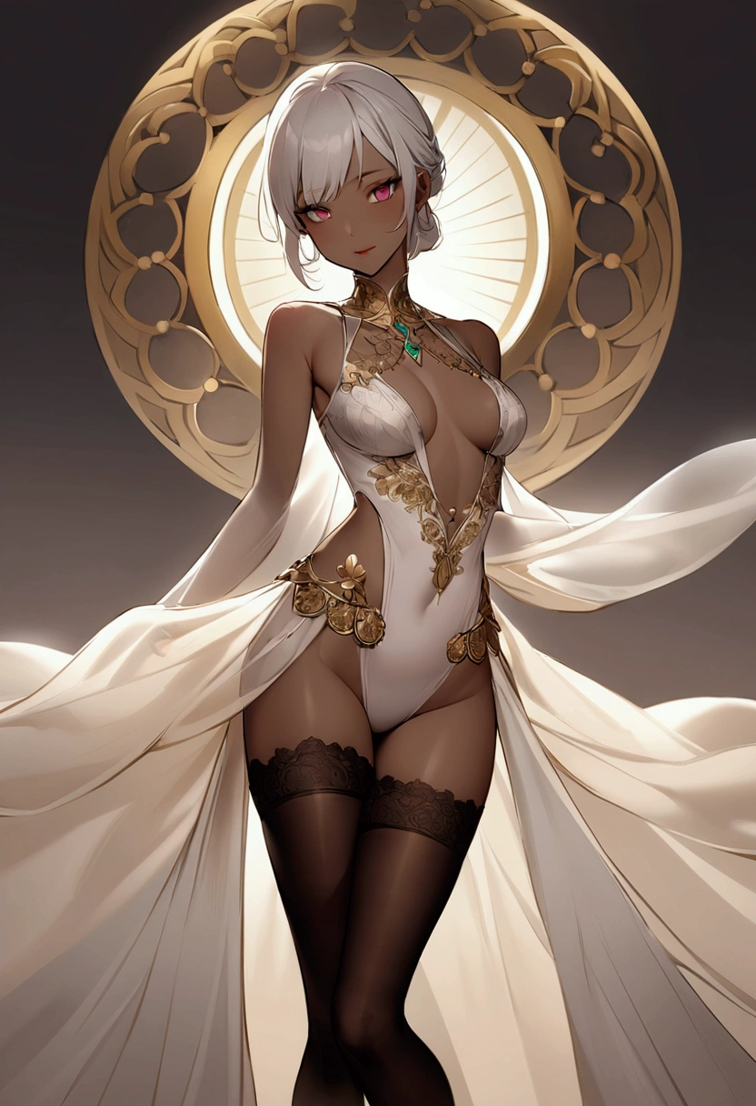 Browsing Caution,Official Art, unity 8k wallpaper, Very detailedな, masterpiece, Highest quality, 1 female, (Very detailed),(RAW Photos、Highest quality)、Very detailedな肌 、Statue-like、 Attention to detail、Japanese, (Very detailed肌:1.2)、Dynamic Angle, Ultra-high resolution, 8k ,  Film Grain, Fine skin, Detailed face, Small face, Intricate details, Very detailedな, Shine, Please reconsider、 Beautiful Face、Beautiful girl at 25 years old、Shine肌 ,(Oily skin) ,Dark brown skin , topless、((Large Breasts)), Slender, White micro panties,((Camel Toe))  (Gray Hair)  , Lean back, Panties only ,Fertilization diagram