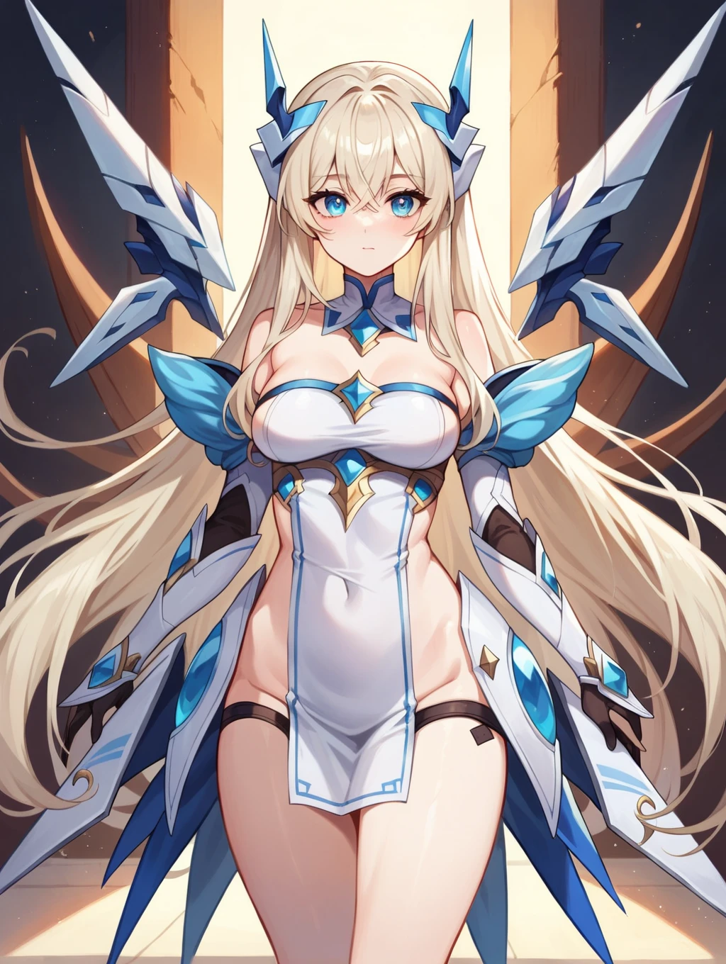 anime girl with long blonde hair and blue dress posing in front of a blue background, artoria pendragon, anime goddess, epic light novel art cover, ayaka genshin impact, azur lane style, cushart krenz key art feminine, epic light novel cover art, high quality anime art, high definition anime art, beautiful alluring anime woman