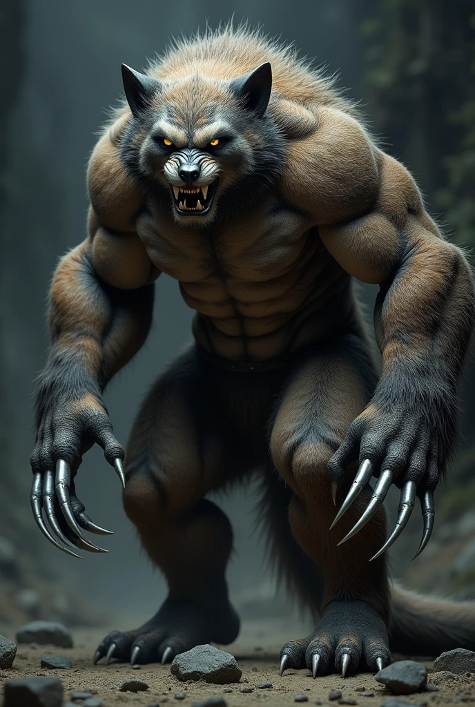 a werewolf, realistic muscular body, highly detailed, 8k, photorealistic, full body, sharp focus, studio lighting, ultra-detailed, cinematic lighting, dramatic lighting, chiaroscuro, moody atmosphere, dark fantasy, hyper-realistic, anatomically accurate, intricate details, dynamic pose, glowing eyes, sharp fangs, powerful claws, fur texture, rugged skin, bulging muscles, outdoor forest background, depth of field, color grading, moody tones