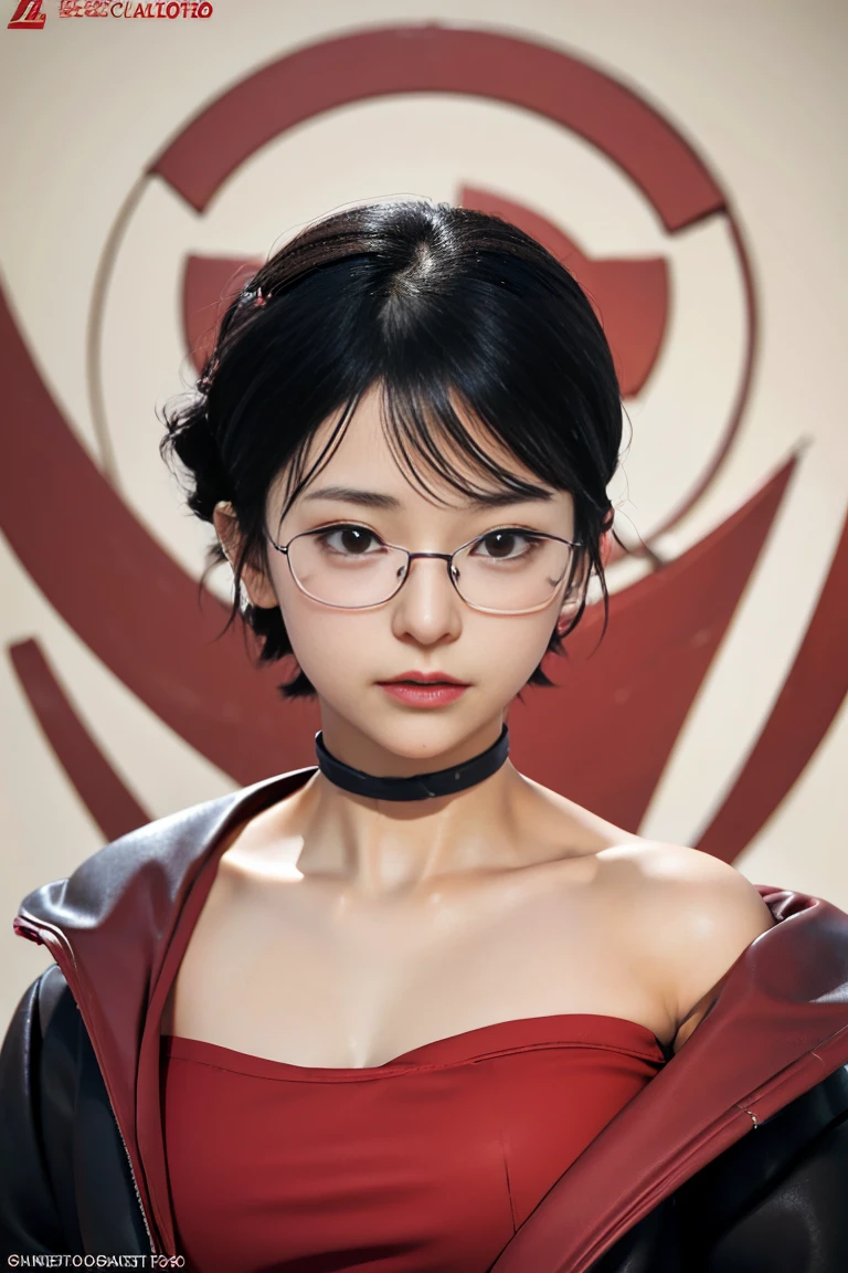 1girl, sarada uchiha in anime boruto, short hair, black hair, red eyes, smile, beautiful, nude, wear red glasses, very big breast, realistic body, detail breasts, outdoor background, ultra detail, realistic photo :4K delicate facial features, 1 girl, Uchiha Sarada, anime character transformed into a realistic character, with detailed, beautiful and cute face, red filtered eyes, black hair, short hairstyle, bangs sweeping to the left , expression thin sweet smile, thin cheeks, sharp chin, red glasses, nsfw, perfect model, large/medium breasts, free style, high resolution, detailed illustrations, very realistic background, white glowing skin, very detailed face perfect, Eyeglasses, selva, nude, small breast , ((artistic composition, good quality, high quality , detailed quality, best quality, wet body, small breasts, nude), perfect model, realistic, real