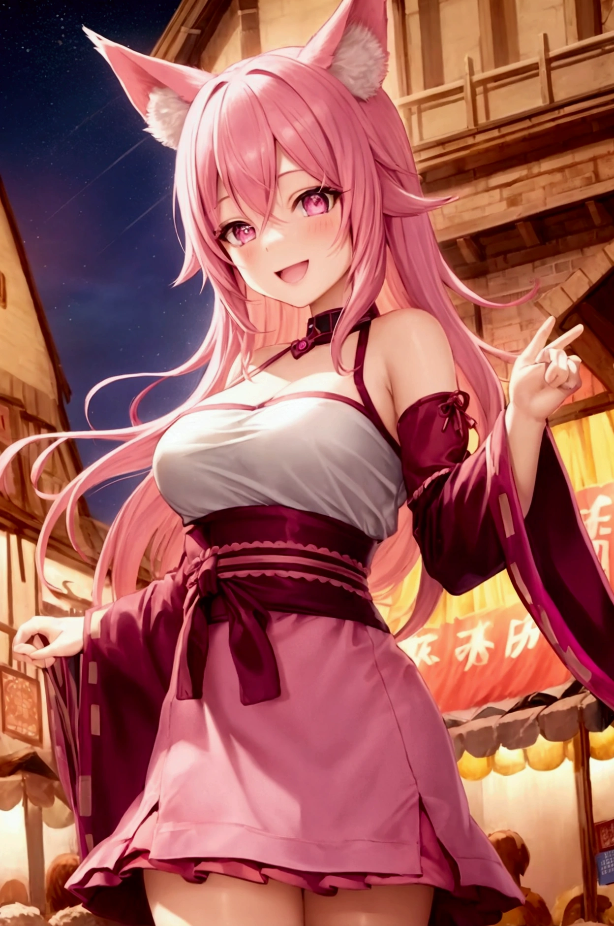sharp focus, best quality, depth of field, cinematic lighting, detailed outfit, 4k, perfect eyes, rich in details and textures, detailed body, detailed eyes, cute, cute loli face, (pink hair), long hair, disheveled hair, one side up, black ribbon, hair ribbon, (medium breasts), (loli), dark red eyes, hair between eyes, ahoge, full face blush, smile, ((petite)), open mouth, wavy mouth, looking at viewer, kimono, festival, night, cleavage, off shoulder, collarbone, blush