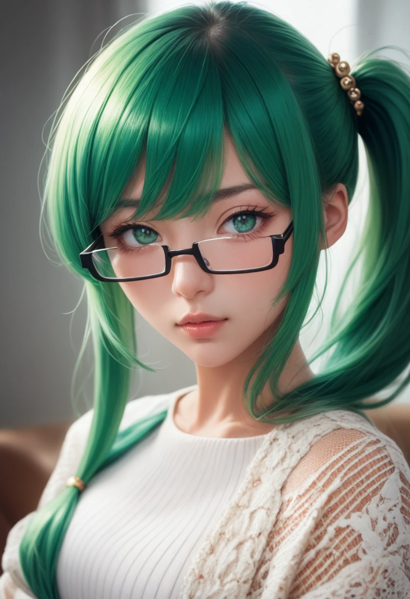 masterpiece, high definition , top quality,8k
(Kagura Suzu, green hair,side ponytail,Glasses)
