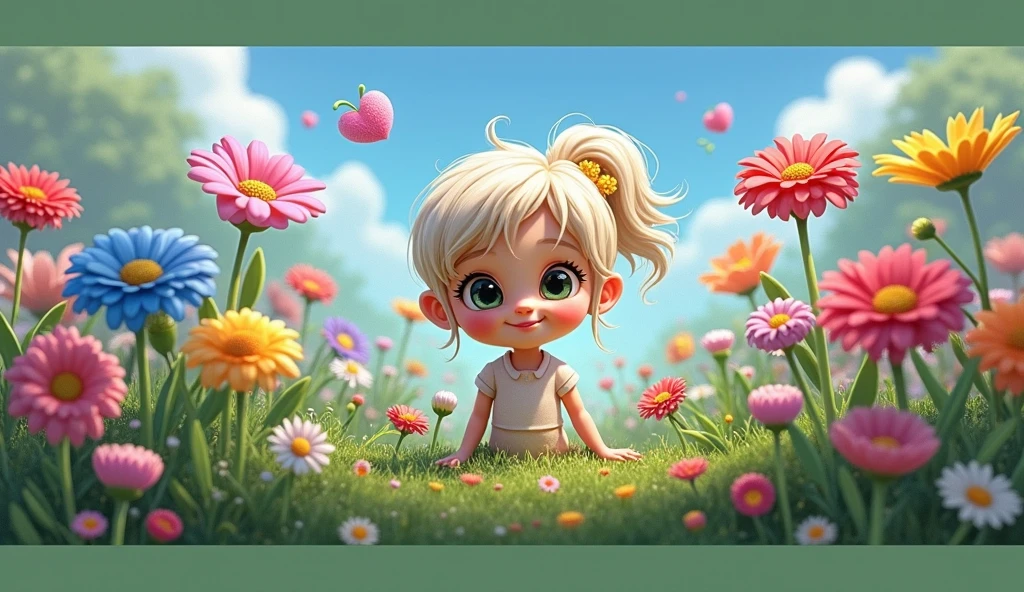 A focused girl with long, wavy light blonde hair in two high ponytails secured with colorful hair ties, wearing her light blue dress with white polka dots and yellow shoes, kneeling on a softly textured garden path, carefully planting a seedling in the rich soil. The background is filled with whimsical, exaggerated flowers, and the scene is illuminated by warm sunlight, creating a serene and nurturing mood, ultra-detailed, children's book illustration.