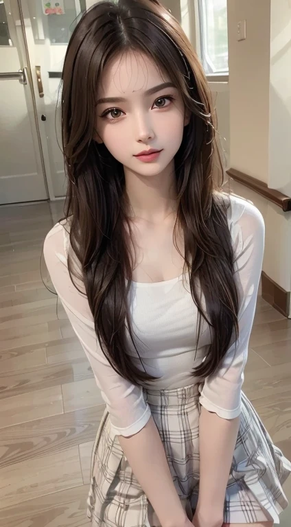 (masterpiece, ultra detailed, hyper detailed, exquisite, 16K, absurdres), woman, 19years old, glamorous, (No-makeup look:1.4), looking at viewer, medium hair, messy hair, diagonal bangs, brown hair, brown eyes, upper body, cinematic lighting, in focus with blurred background, balcony