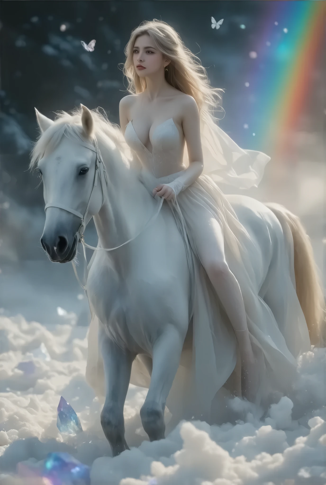 top-quality, masutepiece, 1 woman, (Lonely time Traveler, riding a white horse:1.5), (abstract art:1.4), (Psychedelia Theme:1.6), (Gunjo World:1.5), (Snow World:1.5), (Winter World:1.5), (At the center of the world is the most beautiful woman in the world), (beautiful and big bouncing firm ample breasts, deep cleavage:1.5) and a huge waist, (many stars are falling:1.3), A ray of light spreads, Crystals spreading from the center, prisma, (Nostalgic landscapes:1.5), (colorful flower:1.3), Garden Girl,gentle sunlight,Soft breeze, Delicate flowers, A rainbow-colored butterfly flaps its wings, Mesmerizing natural beauty, Fragments of Shining Stars, ice crystal,