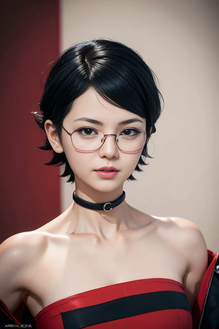 1girl, sarada uchiha in anime boruto, short hair, black hair, red eyes, smile, beautiful, nude, wear red glasses, very big breast, realistic body, detail breasts, outdoor background, ultra detail, realistic photo :4K delicate facial features, 1 girl, Uchiha Sarada, anime character transformed into a realistic character, with detailed, beautiful and cute face, red filtered eyes, black hair, short hairstyle, bangs sweeping to the left , expression thin sweet smile, thin cheeks, sharp chin, red glasses, nsfw, perfect model, large/medium breasts, free style, high resolution, detailed illustrations, very realistic background, white glowing skin, very detailed face perfect, Eyeglasses, selva, nude, small breast , ((artistic composition, good quality, high quality , detailed quality, best quality, wet body, small breasts, nude), perfect model, ((realistic, real))