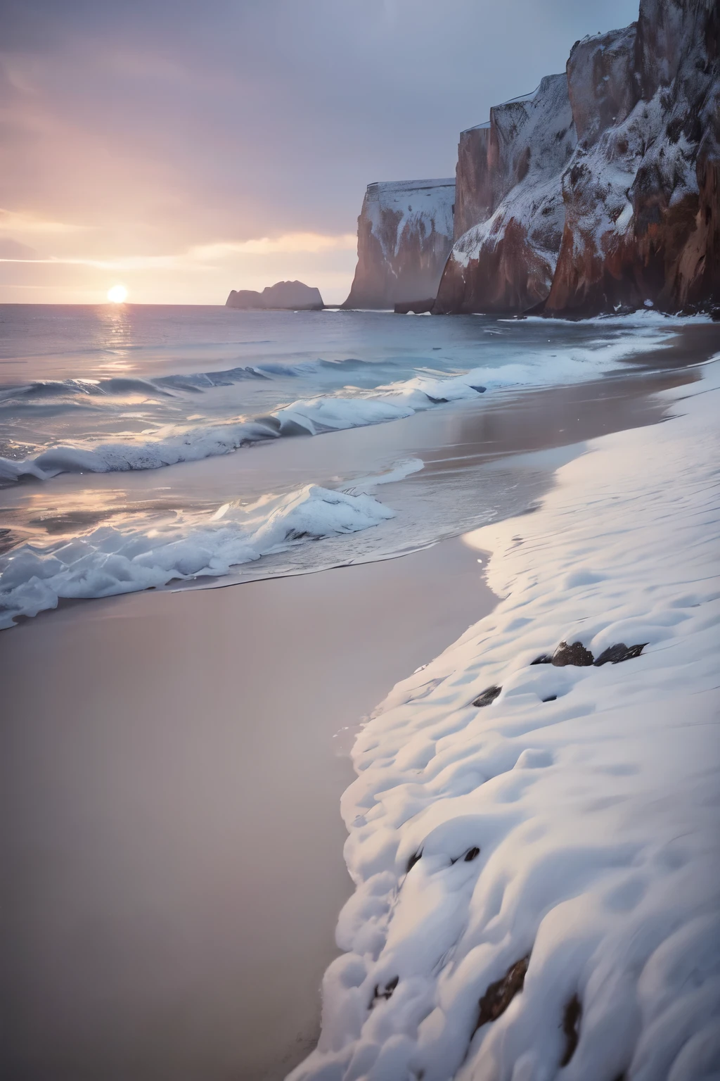 a serene winter landscape, a snowy beach with rolling waves, a gentle snowfall, a lone figure walking along the shoreline, craggy cliffs in the distance, overcast skies with soft lighting, muted color palette of blues and grays, a tranquil and peaceful atmosphere, (best quality,4k,8k,highres,masterpiece:1.2),ultra-detailed,(realistic,photorealistic,photo-realistic:1.37),landscape,winter,seascape,snowfall,snow,shore,beach,waves,cliffs,overcast,muted colors,tranquil