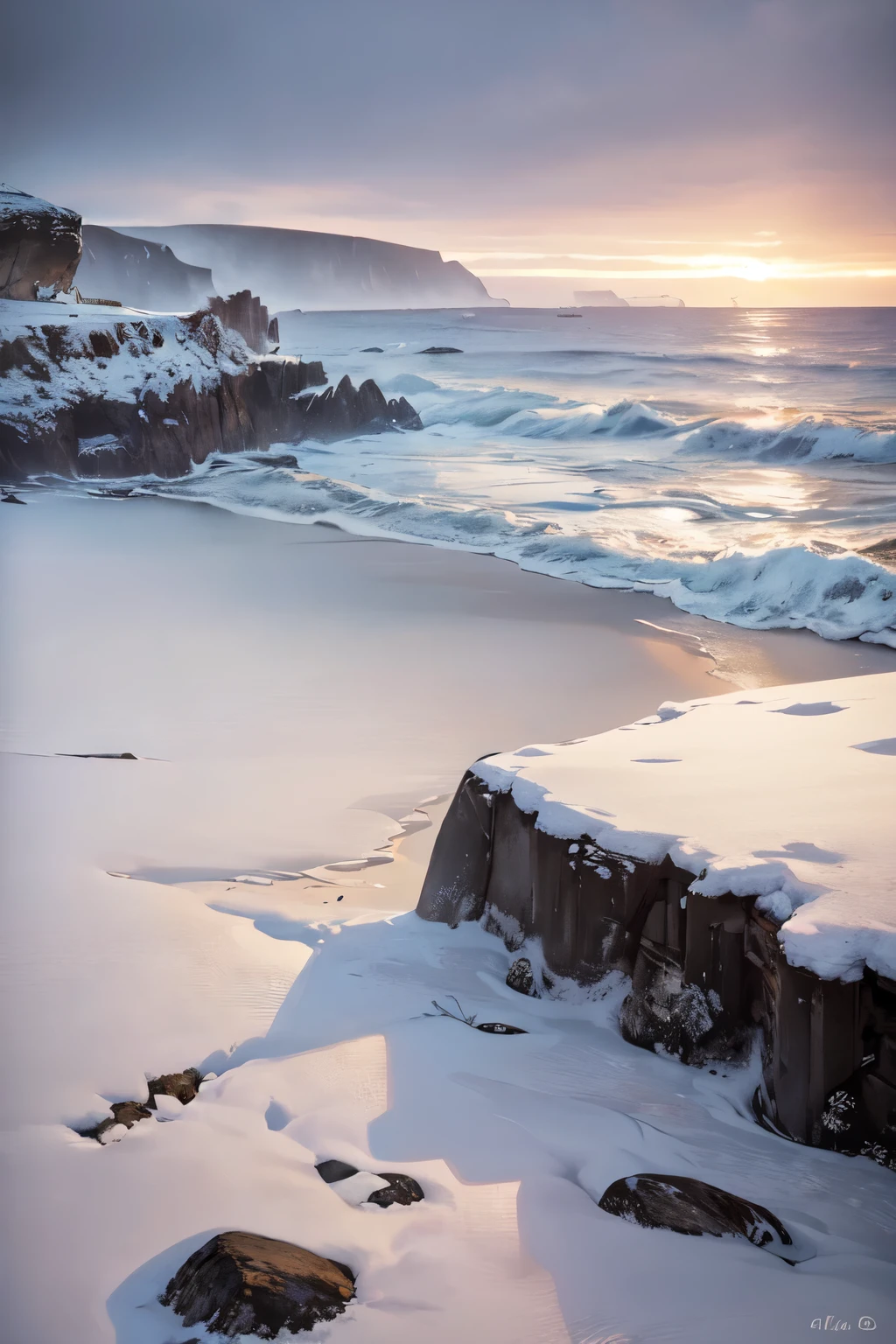 a serene winter landscape, a snowy beach with rolling waves, a gentle snowfall, a lone figure walking along the shoreline, craggy cliffs in the distance, overcast skies with soft lighting, muted color palette of blues and grays, a tranquil and peaceful atmosphere, (best quality,4k,8k,highres,masterpiece:1.2),ultra-detailed,(realistic,photorealistic,photo-realistic:1.37),landscape,winter,seascape,snowfall,snow,shore,beach,waves,cliffs,overcast,muted colors,tranquil