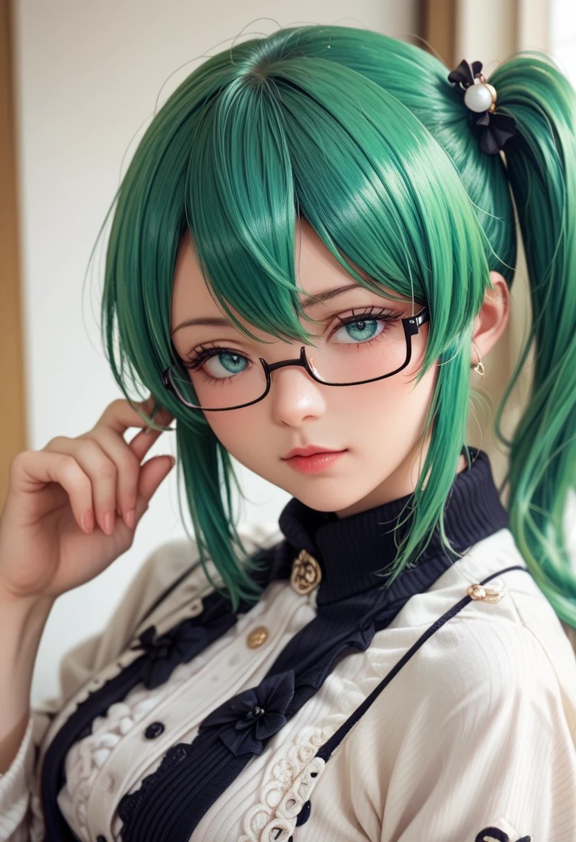 masterpiece, high definition , top quality,8k
(Kagura Suzu, green hair,side ponytail,Glasses)
