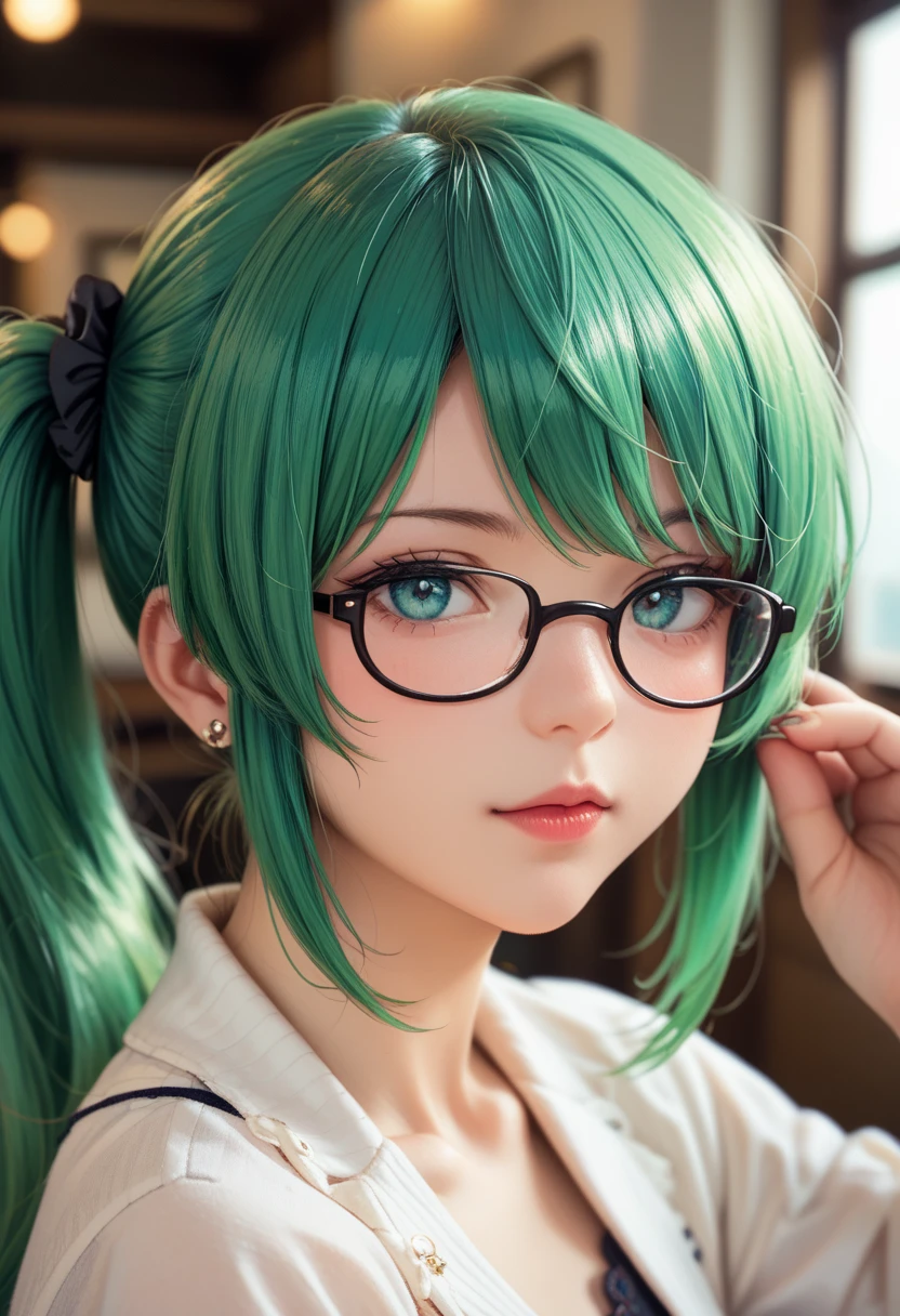 masterpiece, high definition , top quality,8k
(Kagura Suzu, green hair,side ponytail,Glasses)
