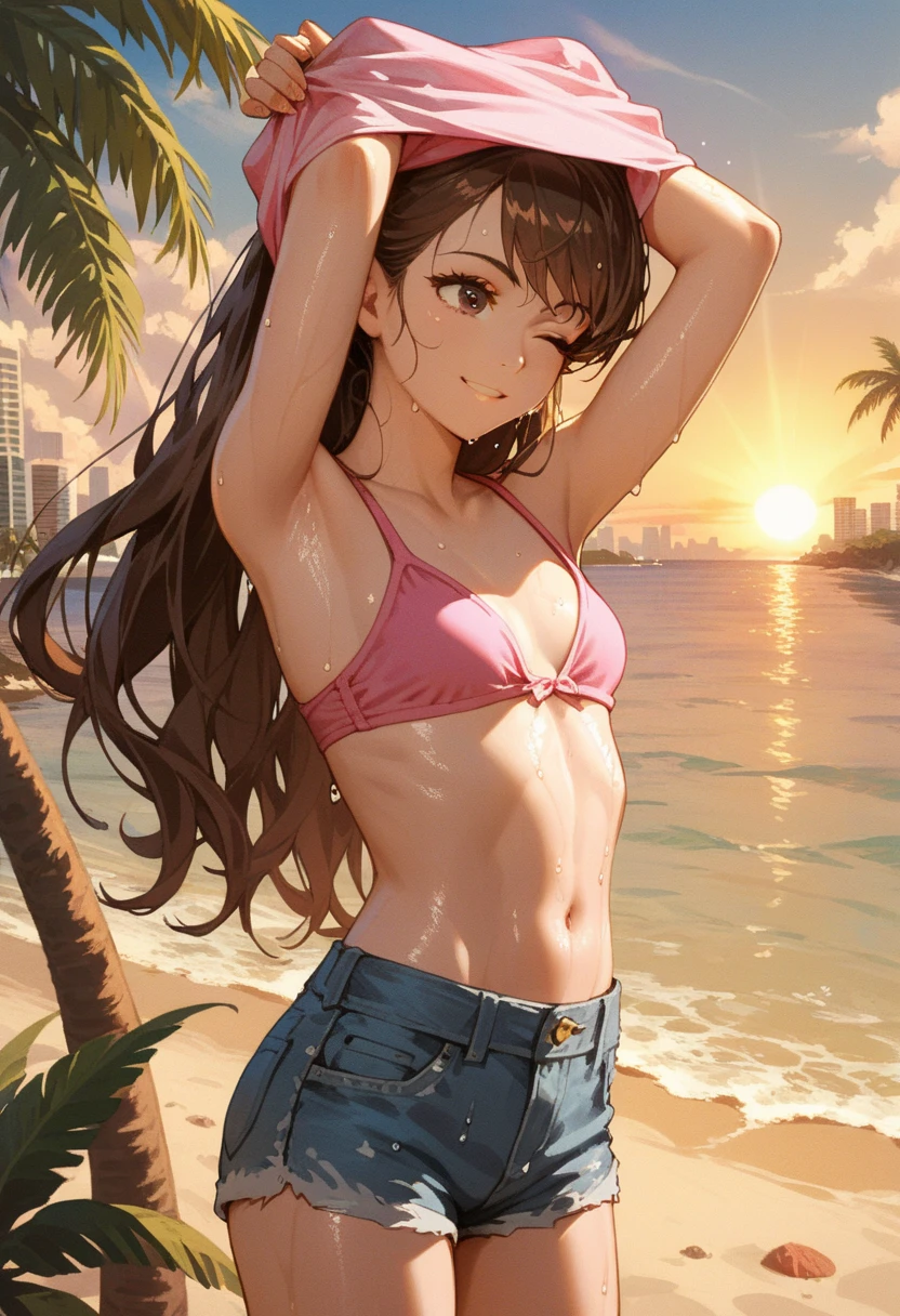 ,(best quality, ultra-detailed, realistic:1.37, masterpiece:1.2), woman, beautiful detailed eyes, beautiful detailed lips, brown hair tied up, smile,gold micro Racing-style swimsuit, (muscular body:1.1),slim figure, caustics, textile shading, toned body, clean abs, palm trees swaying, ponytail,
