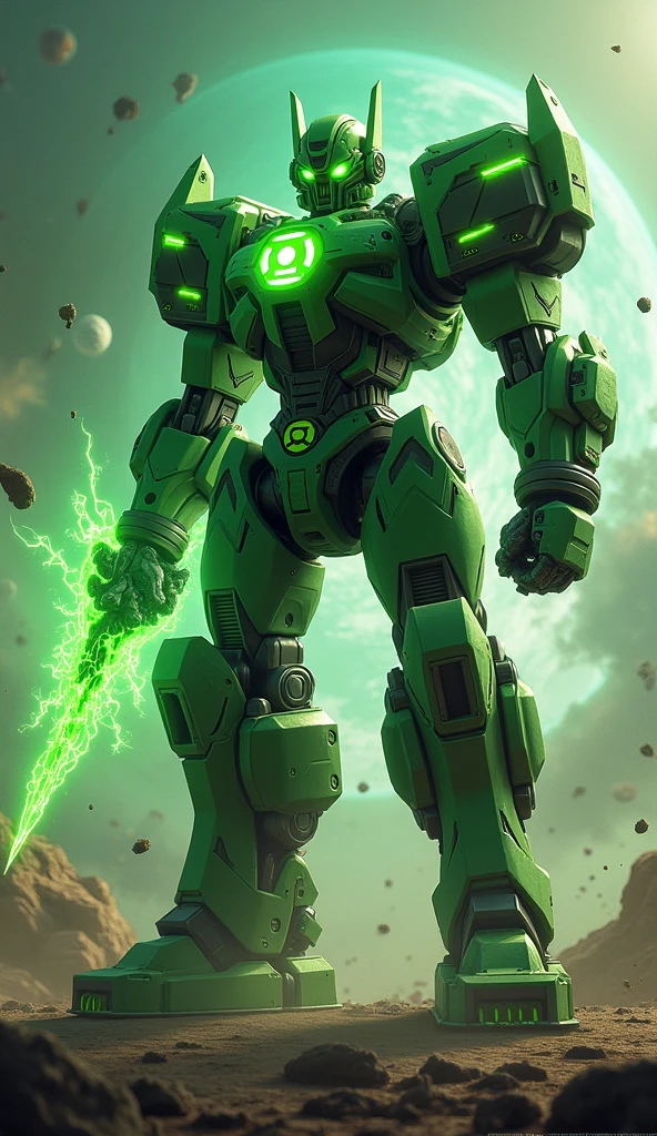 A powerful, muscular warbot standing in a dark, cosmic battlefield, with nebulae and distant stars illuminating the scene. Its metallic frame is painted in vibrant green with black accents, and its chest displays a glowing green lantern emblem. Neon green lights pulse from its eyes, chest, and joints, radiating an aura of energy. The warbot wields a glowing energy construct, formed into a massive, intricate weapon like a sword or shield, crafted from the green light it harnesses. The background showcases a swirling cosmic landscape, with shattered planets and floating debris, highlighting the warbot’s cosmic strength and willpower.