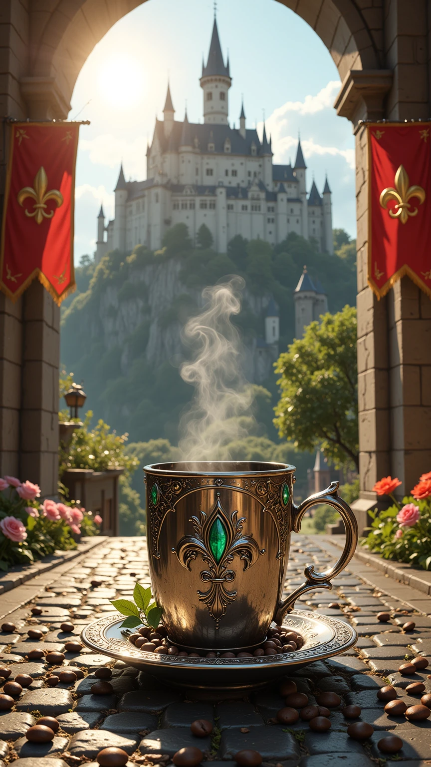 Realistic illustration for advertising ,  1 very small and very short and very short coffee mug made of polished real silver, The coffee mug is very bright silver ,  in the center of the coffee mug, engraved with a three-dimensional lily motif, decorated with green emeralds. Glow ,  The area around the lily pattern is a medieval Gothic art motif adorned with glowing green emeralds., . Inside the coffee mug there is a glossy black hot Americano coffee cup. ,  There is coffee smoke billowing out of the coffee mug elegantly but still looking natural. ,  The view of the image clearly shows the hot Americano coffee water inside the coffee cup , The coffee cup holder ear is on the right hand ,  The coffee mug is placed on a coffee coaster made of polished real silver ,  the coffee saucer is very bright silver. ,  coffee coasters engraved with medieval Gothic art motifs , . The area around the coffee cup contains complete coffee beans of the same size, placed together naturally inside the coffee saucer.,  features a small ivy branch lying on a natural coffee saucer. ,  The area around the coffee saucer contains complete coffee beans of the same size in large numbers, placed together naturally on the street floor.,  Coffee cups and coffee coasters perched on paved roads. A medieval pebble stone in the bottom center position of the image ,  The medieval gravel-paved road is a path connected from the central position of the , The backdrop is Hohenzollern Castle, located on a high mountain , On the left and right are pieces of architecture among trees and brightly colored flowers that clearly represent the Middle Ages.,  On the left and right are red-gold flags presenting the family banner through the Fleur-De-Lis motif hanging.,  Details of the architecture behind can be seen in detail and clearly through the view seen from the front. , in the sky there is a cloud and a large bright, bright noon sun., The midday sun splashes bright lights over every corner of the image. ,  The overall atmosphere of the picture is bright noon time, 