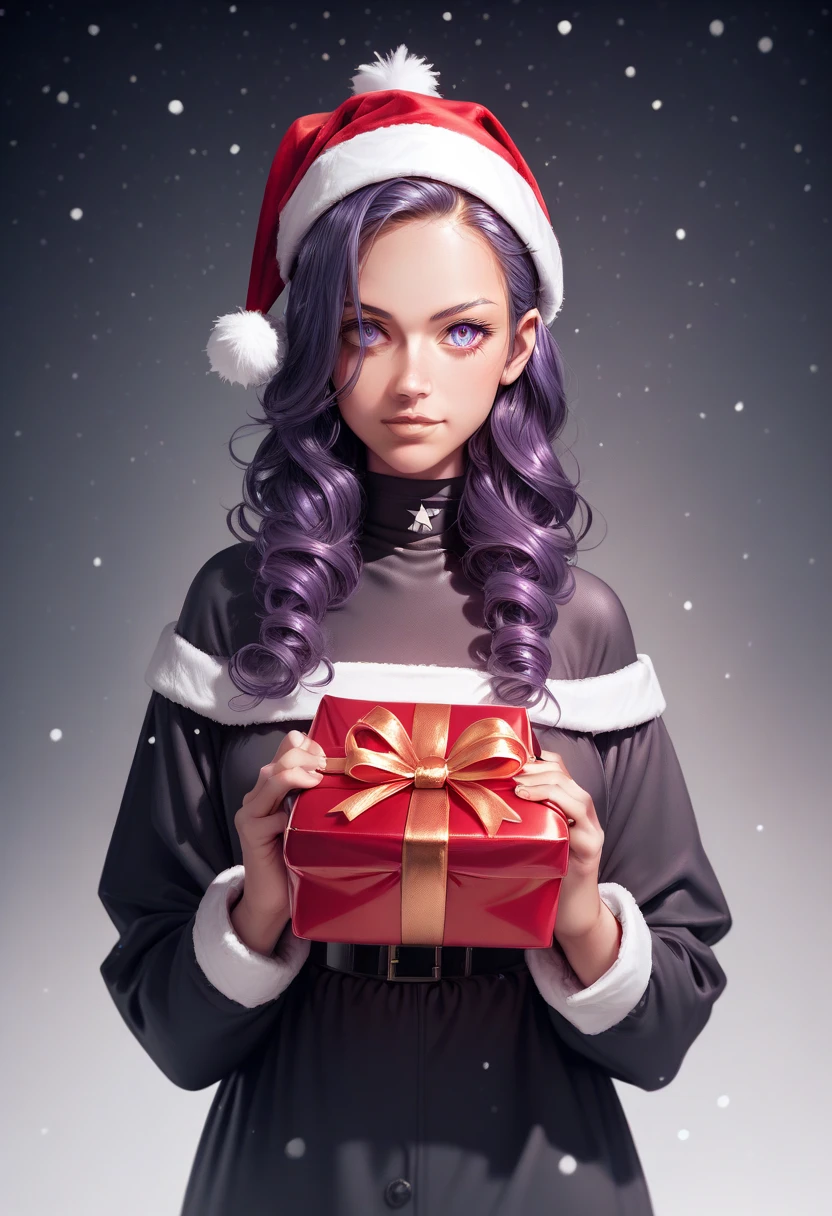 score_9, score_8_up, score_7_up, 1girl, solo, 

a person with purple hair and a purple tie, katana zero video game character, 

anime girl of the future
, portrait anime space cadet girl, 
portrait knights of zodiac girl,
 with glowing purple eyes, christmasPresent,christmas,christmas lights,christmas clothing,christmas tree,merry christmas,,gift box, , giving, holding gift,In this festive winter，，
 , manga, monochrome, dekosukentr style