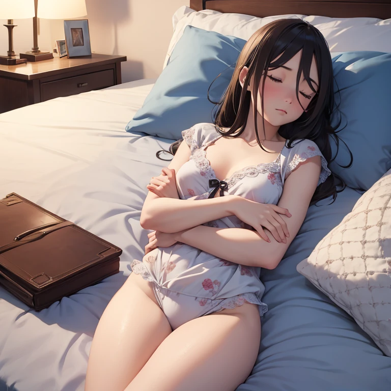 1girl, Solo, Masterpiece, High Resolution, Best Quality, Super Detailed, Anatomically Correct, Textured Skin, Bangs, Bedroom, Pajamas, Sleeping, close eyes