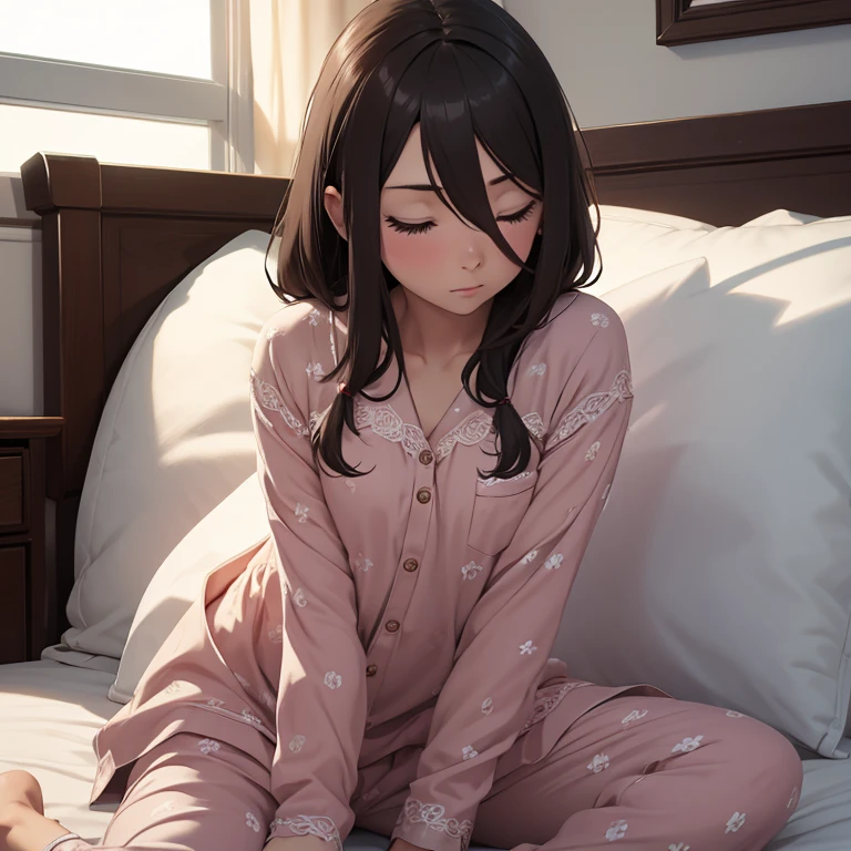 1girl, Solo, Masterpiece, High Resolution, Best Quality, Super Detailed, Anatomically Correct, Textured Skin, Bangs, Bedroom, Pajamas, Sleeping, close eyes