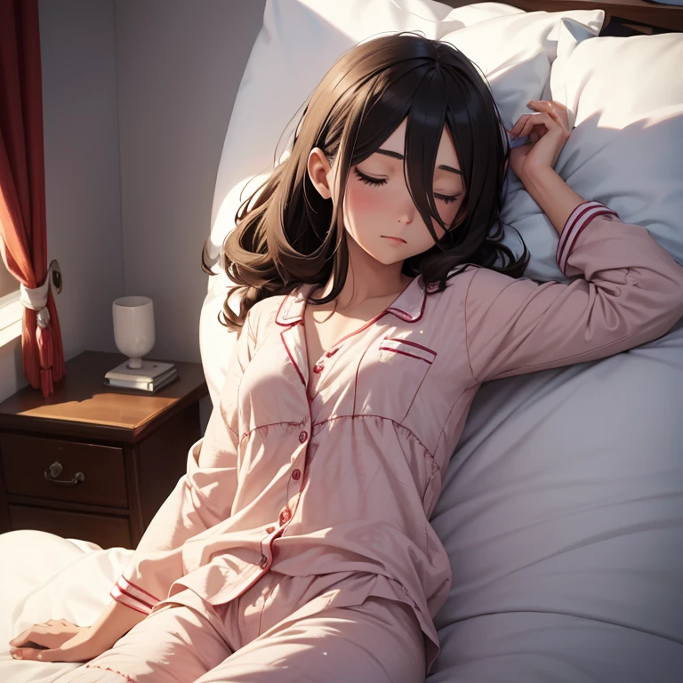 1girl, Solo, Masterpiece, High Resolution, Best Quality, Super Detailed, Anatomically Correct, Textured Skin, Bangs, Bedroom, Pajamas, Sleeping, close eyes