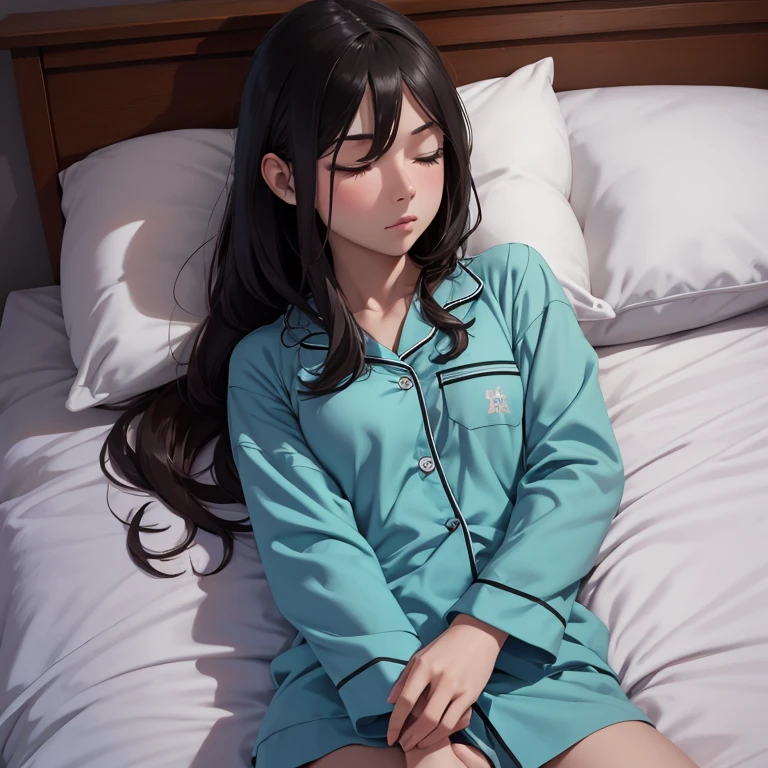 1girl, Solo, Masterpiece, High Resolution, Best Quality, Super Detailed, Anatomically Correct, Textured Skin, Bangs, Bedroom, Pajamas, Sleeping, close eyes