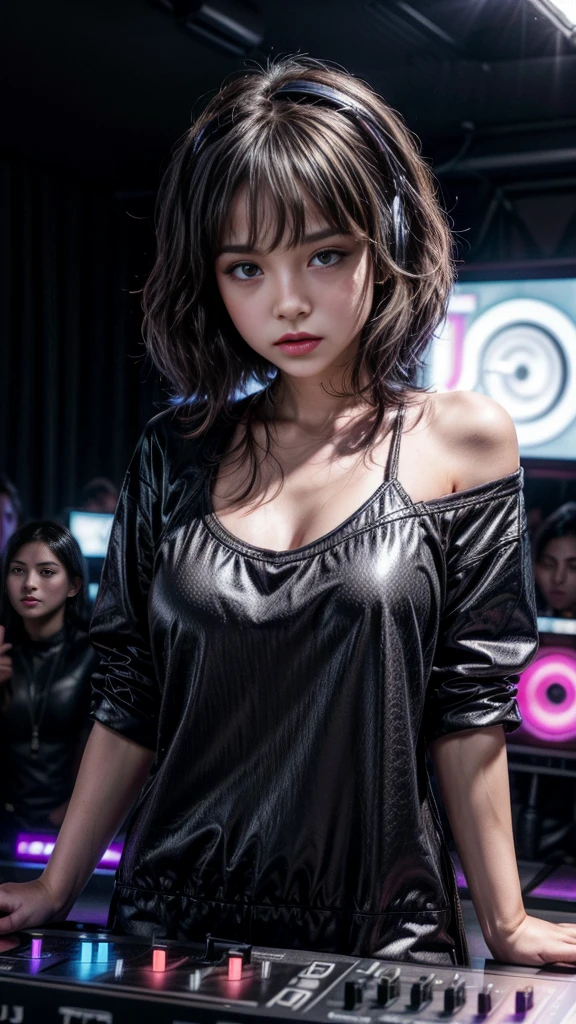 ((DJ girl at a nightclub, Super popular DJ player, Enjoy operating DJ equipment:1.2)), (beautiful girl, Baby Face:1.5, Cute face), Perfect Style, (Small breasts:1.3), ((Detailed eyes and face, Professional photography techniques, Cinema Lighting)), Detailed hands, (Highest quality, 8K, masterpiece:1.2, RAW Photos), (Reality:1.4), View the viewer, Focus on the venue, Wearing headphones, (Short Hair, Wavy Hair:1.3), (Stylish outfits:1.2)