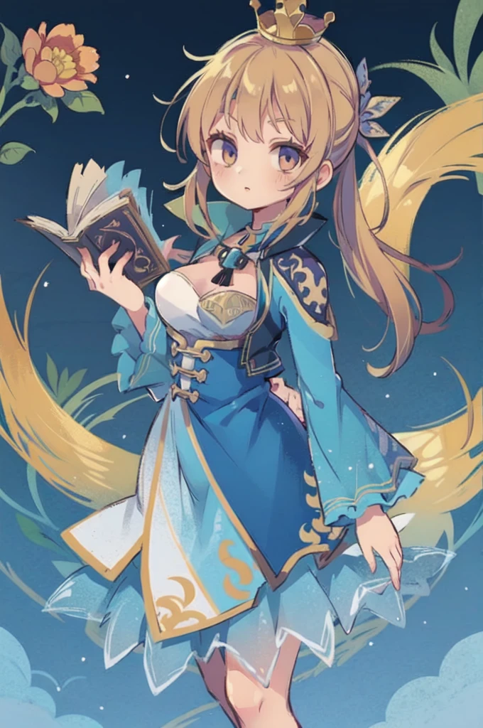 fairyqueen,solo,looking_at_viewer,blue long dress,crown,holding a book