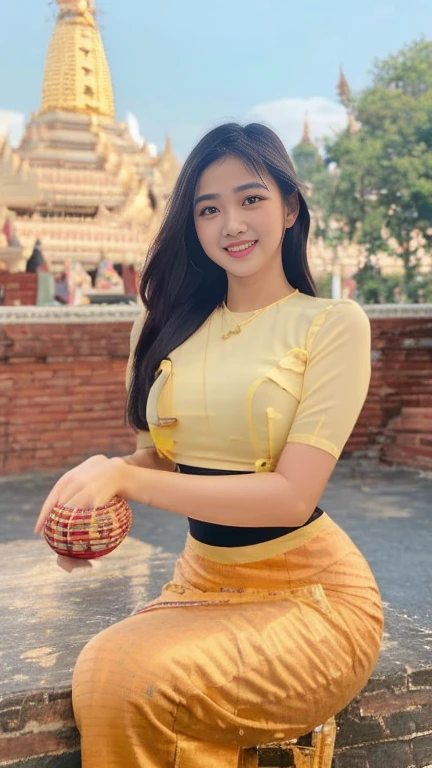 Beautiful and elegant, young Burmese woman, 20 years old, smiling face, happy eyes, pleasant smile, curvy body, not short, not tall, beautiful Burmese dress, long hair, fair skin, high hips, world record-breaking Pagoda pagodas as a natural background, highest clear resolution 16k award-winning Myanmar natural Pagoda view 3d HD HD