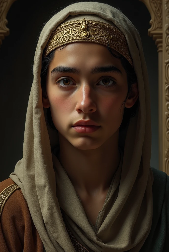 10-year-old boy with long hair and blue eyes, concentrated looking at me in simple and ancient Arabic clothes, his serious face and his striking gaze, cinematic ultra-realistic 8k, wide angle 16:9, high quality picture and rich in details