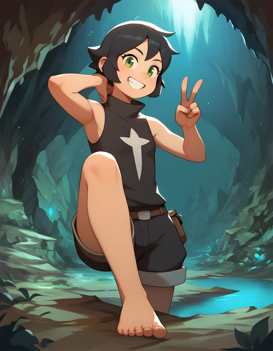 score_9, score_8_up, score_7_up,((best quality)), absurdres,ElelyPXL, (A (severus snape's daughter:(()) european girl,black hair, green eyes),sleeveless,baggy clothing,black clothes,slim,inside cave, blue lights,exploring,v sign,hand on hip,looking at viewer