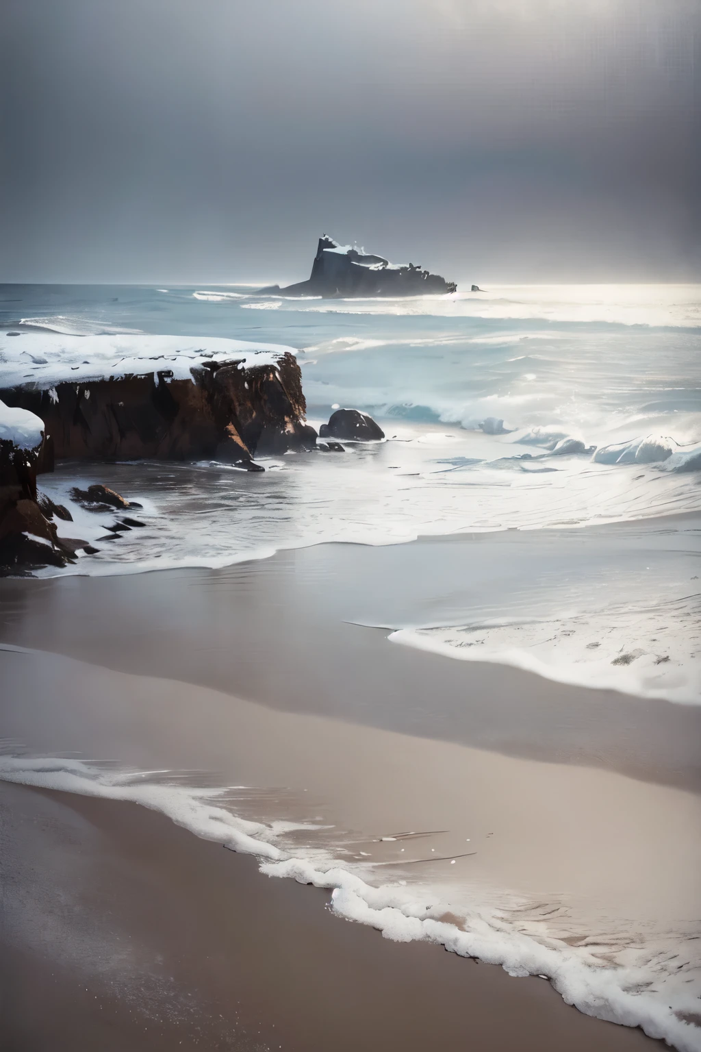 a serene winter landscape, a snowy beach with rolling waves, a gentle snowfall, a lone figure walking along the shoreline, craggy cliffs in the distance, overcast skies with soft lighting, muted color palette of blues and grays, a tranquil and peaceful atmosphere, (best quality,4k,8k,highres,masterpiece:1.2),ultra-detailed,(realistic,photorealistic,photo-realistic:1.37),landscape,winter,seascape,snowfall,snow,shore,beach,waves,cliffs,overcast,muted colors,tranquil