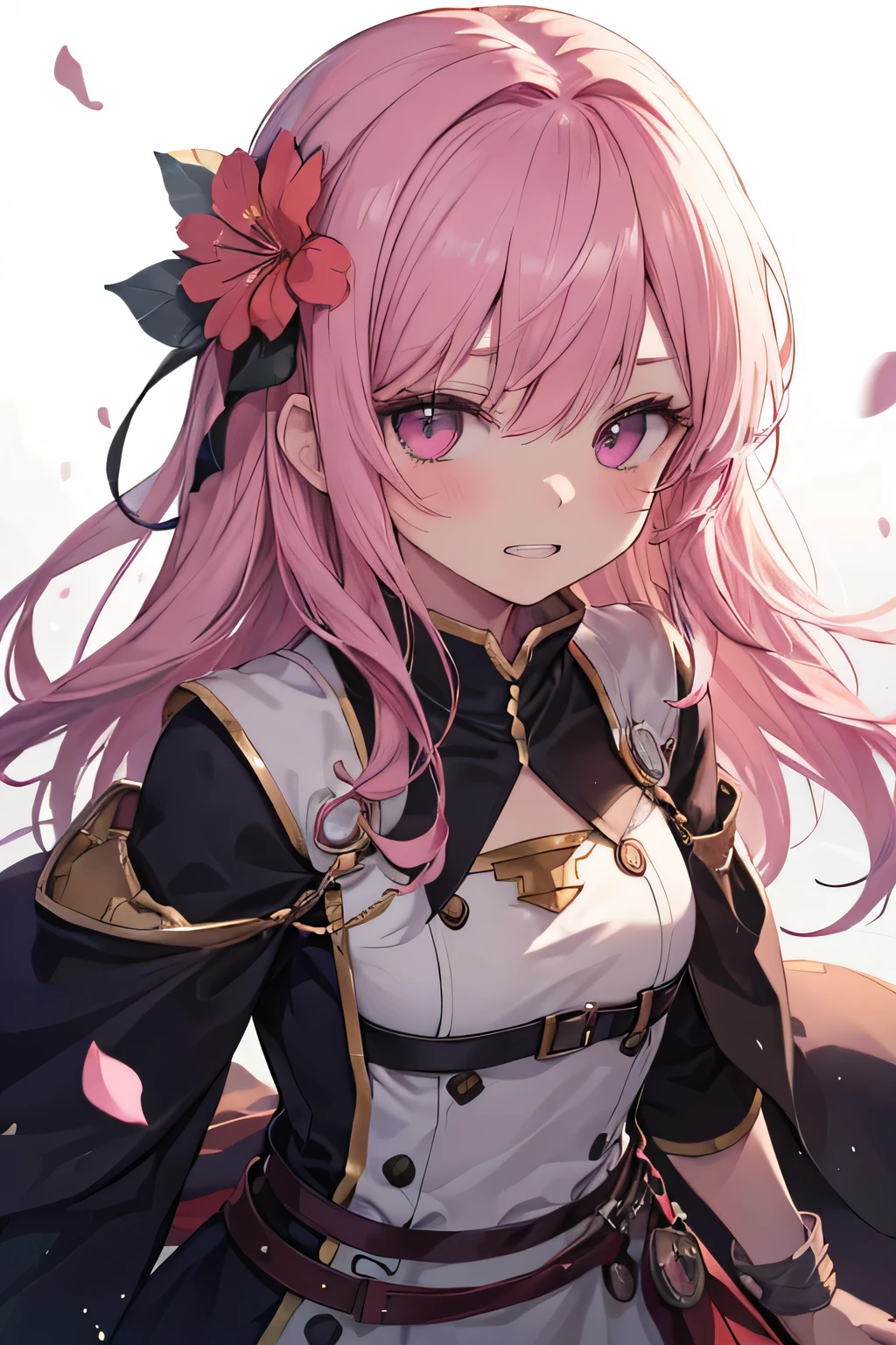 Joker girl ( showing teeth), standing, pink hair color, combat pose, mmorpg background , mmorpg background (A stranger), complete anatomy, graphic effects , ornament of an accessory shaped like a flower on her head, aura, Monk black and white uniform( ragnarok online ), white hood( ragnarok online ), height 159 cm ( 5 feet 3 inches ), hard fists , caste summoning circle ability Guillotine Fist((kanji)( ragnarok online ), Blue Fire Force +vapor, fire around, strong breeze , black and white cat mascot , sakura petals and leaves , primera persona, blush, Looking at the spectator, Charm, Pausa de toque ciego Looking at the spectator, anime style very detailed face, 8K, light and shadow effect.