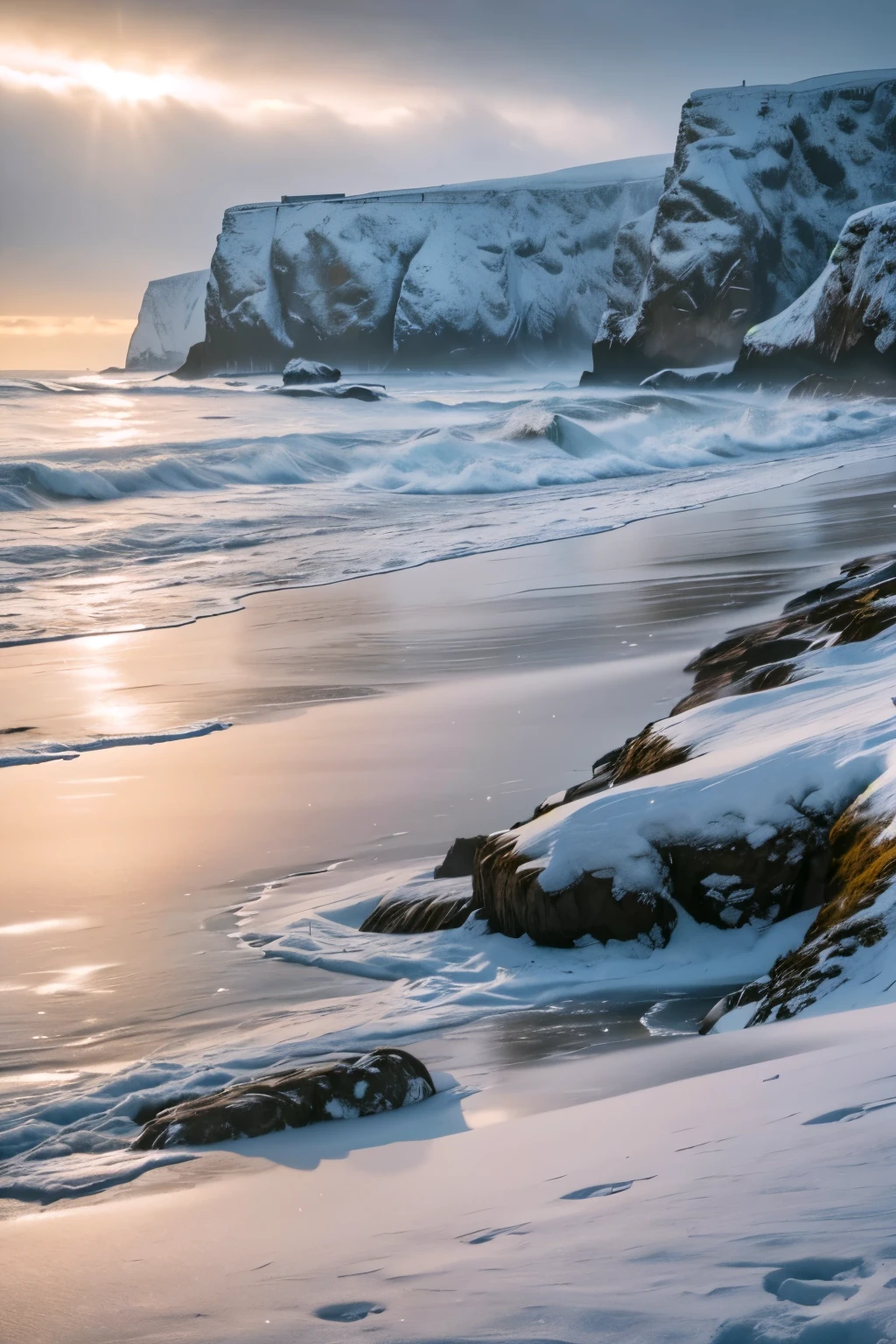 a serene winter landscape, a snowy beach with rolling waves, a gentle snowfall, a lone figure walking along the shoreline, craggy cliffs in the distance, overcast skies with soft lighting, muted color palette of blues and grays, a tranquil and peaceful atmosphere, (best quality,4k,8k,highres,masterpiece:1.2),ultra-detailed,(realistic,photorealistic,photo-realistic:1.37),landscape,winter,seascape,snowfall,snow,shore,beach,waves,cliffs,overcast,muted colors,tranquil