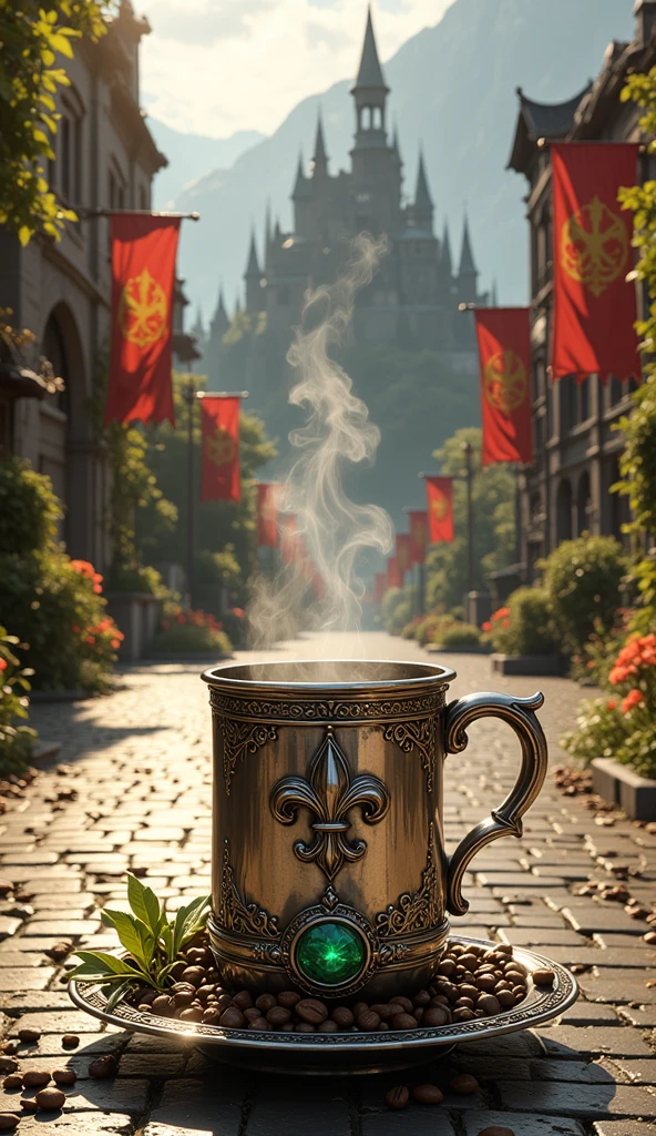 Realistic illustration for advertising ,  1 very small and very short and very short coffee mug made of polished real silver, The coffee mug is very bright silver , In the center of the coffee mug is a three-dimensional Fleur-De-Lis engraved with a luminous green emerald ,  around the area around the Fleur-De-Lis pattern art. MEDIEVAL GOTHIC, DECORATED WITH GLOWING GREEN EMERALDS, . Inside the coffee mug there is a glossy black hot Americano coffee cup. ,  There is coffee smoke billowing out of the coffee mug elegantly but still looking natural. ,  The view of the image clearly shows the hot Americano coffee water inside the coffee cup , The coffee cup holder ear is on the right hand ,  The coffee mug is placed on a coffee coaster made of polished real silver ,  the coffee saucer is very bright silver. ,  coffee coasters engraved with medieval Gothic art motifs , . The area around the coffee cup contains complete coffee beans of the same size, placed together naturally inside the coffee saucer.,  features a small ivy branch lying on a natural coffee saucer. ,  The area around the coffee saucer contains complete coffee beans of the same size in large numbers, placed together naturally on the street floor.,  Coffee cups and coffee coasters perched on paved roads. A medieval pebble stone in the bottom center position of the image ,  The medieval gravel-paved road is a path connected from the central position of the , The backdrop is Hohenzollern Castle, located on a high mountain , On the left and right are pieces of architecture among trees and brightly colored flowers that clearly represent the Middle Ages., . On the left and right sides there are long red-gold flags that present the family emblem banner through the Fleur-De-Lis pattern. Hanging ,  Details of the architecture behind can be seen in detail and clearly through the view seen from the front. , in the sky there is a cloud and a large bright, bright noon sun., The midday sun splashes bright lights over every corner of the image. ,  The overall atmosphere of the picture is bright noon time, 