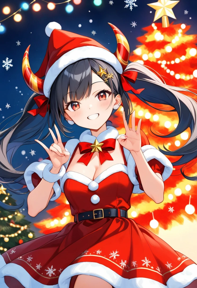  An anime-style girl with a playful and energetic expression, dressed in a festive Christmas-themed outfit. She has twin pigtails with black hair that transitions into orange-red tips, giving a fiery and dynamic look, adorned with small white, horn-like hair accessories. One of her eyes is bright blue, and she is winking with a mischievous smile, exuding a lively and cheerful vibe. She wears a red and white Christmas-inspired dress with fluffy white trims, a small Santa hat tilted on her head, and a red ribbon at the neckline. Her hands are posed near her chest, forming a playful gesture, while holding a small candy cane. The background is festive, featuring a glowing Christmas tree decorated with colorful ornaments, twinkling fairy lights, and neatly wrapped presents. Soft snowflakes are falling in the background, enhancing the magical holiday atmosphere. The overall style is simple, colorful, and cheerful, exuding a fun and youthful vibe.