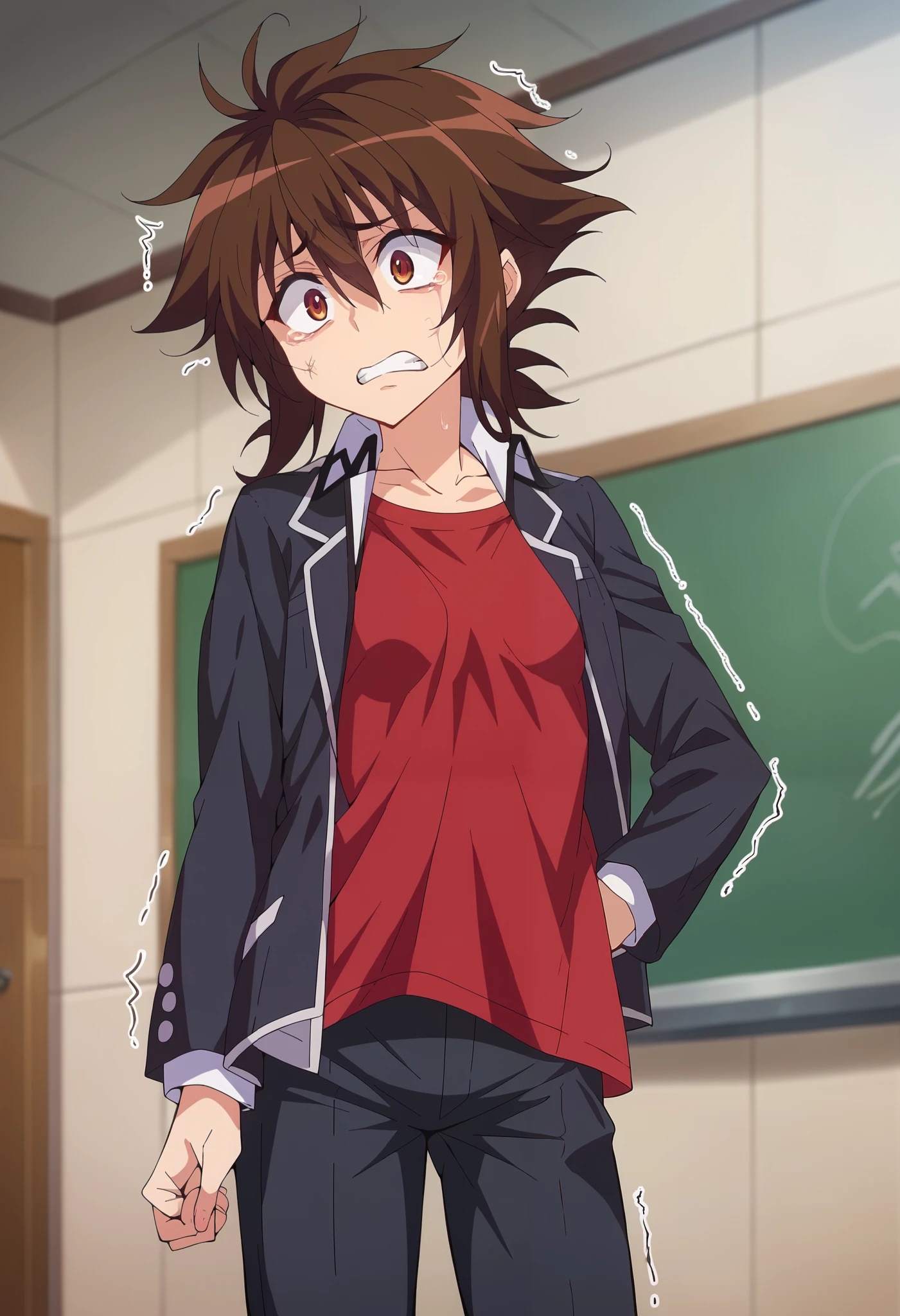 score_9, score_8_up, score_7_up, 1girl, solo, (small ), androgynous, Issei Hyoudou, brown eyes, brown hair, spiked hair, medium hair, school uniform, red shirt, loose shirt, buttomless, black jacket, (black pants), standing, shaking, scared, looking down, classroom, clear day,
