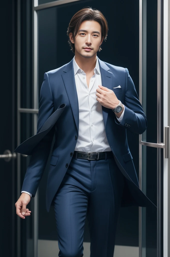 Man standing 30 years in suit and tie、Straight body and head facing the viewer of the photo、Eyes fixed on the lens、Shoulders and head appear in the photo、Man in the center of the photo、8k、top-quality、masterpiece、Realistic and realistic photos、Movie Photos、A hyper-realistic、1人、detaileds、Perfect litthing、 DSRL、professional photograpy、4k、shores、Aloha shirts