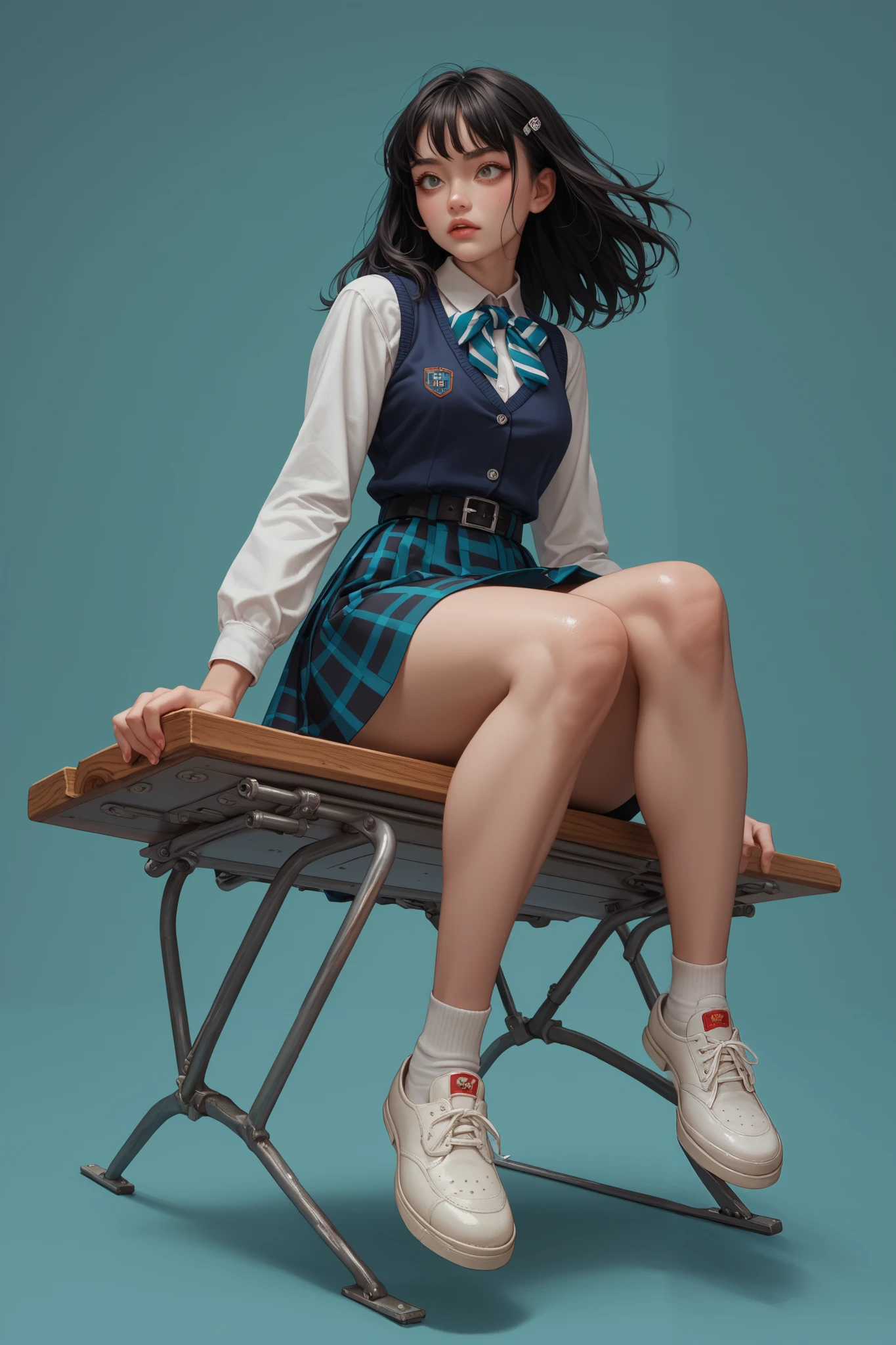 Song Eu-na is a youthful high schoold student. Rocking that luscious waist-long jet-black hair and deep emerald eyes, she's also sporting a 90-62-100 B-W-H size. Her beauty lies on her diligence, look, and most of all her achievement as black belt karate practitioner. Her model long legs with thick thighs are to die for, both literally and figuratively. School dress, shirt, ribbon tie, vest, checkered skirt