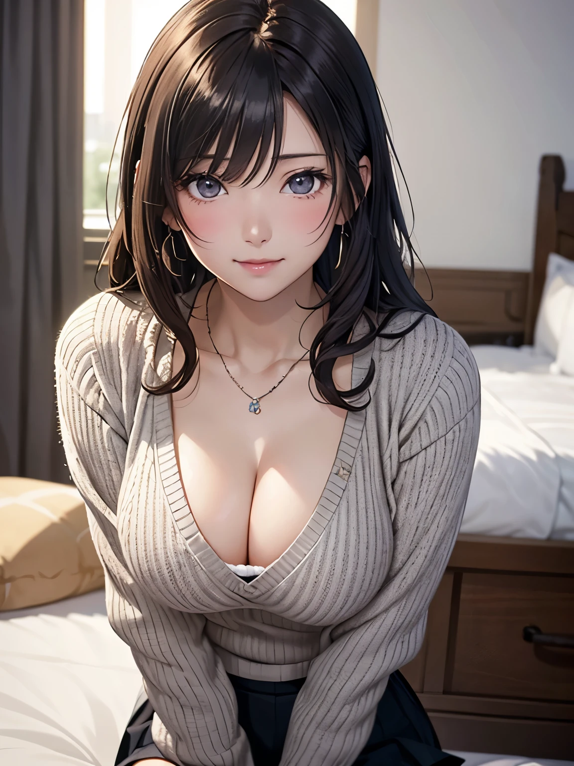 (Highest quality, High resolution,  Masterpiece, 4K), (Soft light、Luster of hair、Beautiful eyes)、young woman、The whole body is visible、Adorable smile、 ((random hairstyle, bangs, Light-colored hair)), ((Wistful eyes、Gray Eyes, Perfect Eyes)), ((Detailed face, blush:1.1)), ((Smooth texture:0.75, Realistic texture:0.65, Realistic:1.1, Anime CG Style)), big tits:1.3、cleavage、Plum thighs、mini skirt, (Beautifully designed sweater, blown colored sweater), Cute Earrings、necklace, shoot from below, show off tits, Looking at Viewer, Luxury hotel room 